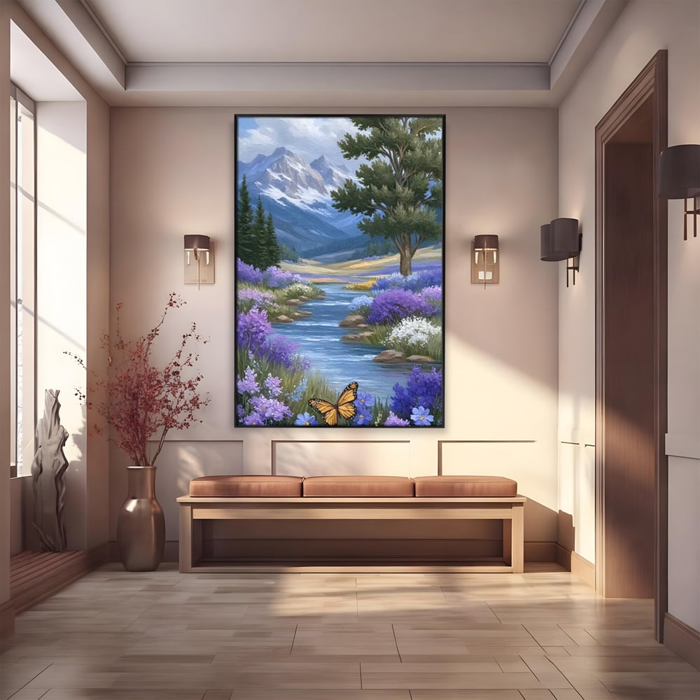 Tablou Canvas Premium, LuxCanva® M1156, Calatorie in Valea Mov, Munte, Peisaj, Flori, Vegetatie, Natura, Rau, Lavanda, Fluture, Copaci, Pastel, Primavara, Birou, Living, Camera Copil
