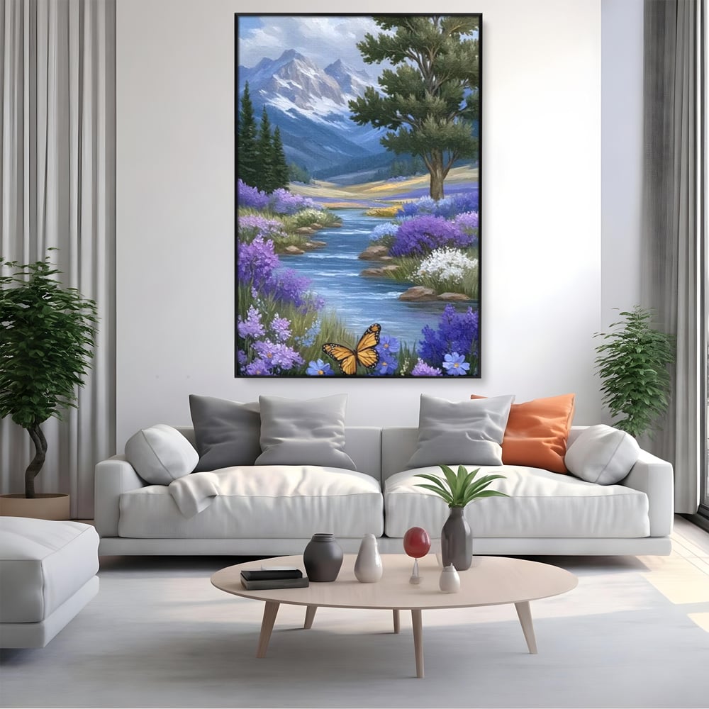 Tablou Canvas Premium, LuxCanva® M1156, Calatorie in Valea Mov, Munte, Peisaj, Flori, Vegetatie, Natura, Rau, Lavanda, Fluture, Copaci, Pastel, Primavara, Birou, Living, Camera Copil