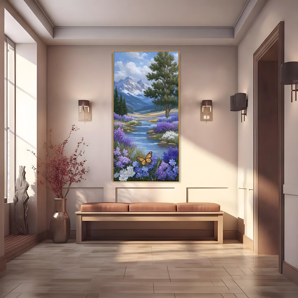 Tablou Canvas Premium, LuxCanva® M1156, Calatorie in Valea Mov, Munte, Peisaj, Flori, Vegetatie, Natura, Rau, Lavanda, Fluture, Copaci, Pastel, Primavara, Birou, Living, Camera Copil