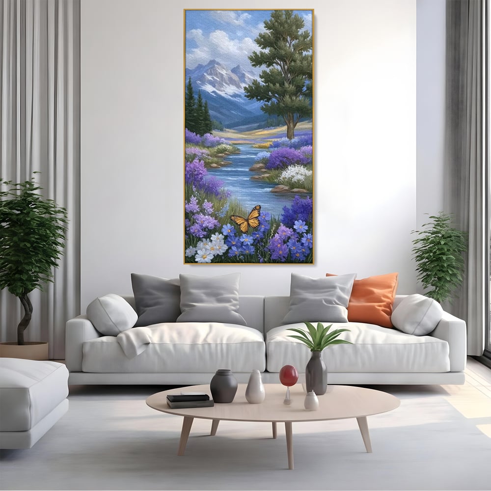 Tablou Canvas Premium, LuxCanva® M1156, Calatorie in Valea Mov, Munte, Peisaj, Flori, Vegetatie, Natura, Rau, Lavanda, Fluture, Copaci, Pastel, Primavara, Birou, Living, Camera Copil
