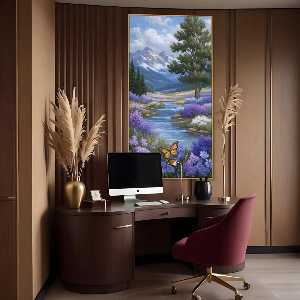 Tablou Canvas Premium, LuxCanva® M1156, Calatorie in Valea Mov, Munte, Peisaj, Flori, Vegetatie, Natura, Rau, Lavanda, Fluture, Copaci, Pastel, Primavara, Birou, Living, Camera Copil