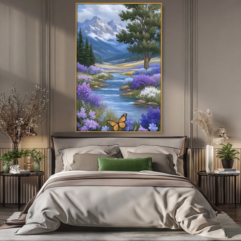 Tablou Canvas Premium, LuxCanva® M1156, Calatorie in Valea Mov, Munte, Peisaj, Flori, Vegetatie, Natura, Rau, Lavanda, Fluture, Copaci, Pastel, Primavara, Birou, Living, Camera Copil