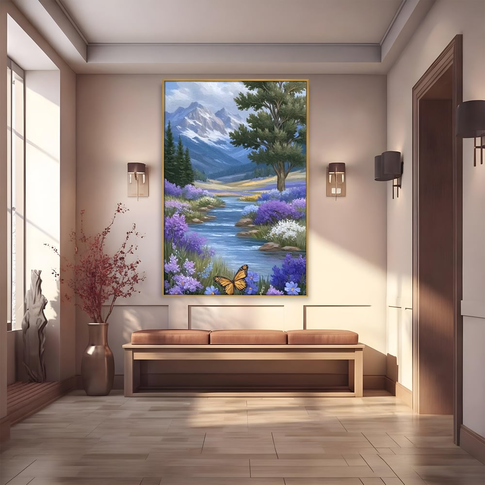 Tablou Canvas Premium, LuxCanva® M1156, Calatorie in Valea Mov, Munte, Peisaj, Flori, Vegetatie, Natura, Rau, Lavanda, Fluture, Copaci, Pastel, Primavara, Birou, Living, Camera Copil