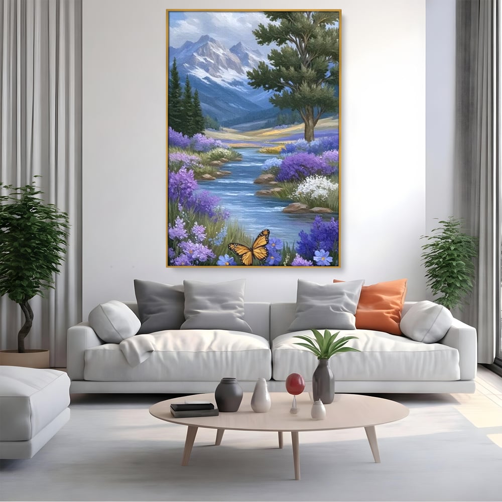 Tablou Canvas Premium, LuxCanva® M1156, Calatorie in Valea Mov, Munte, Peisaj, Flori, Vegetatie, Natura, Rau, Lavanda, Fluture, Copaci, Pastel, Primavara, Birou, Living, Camera Copil