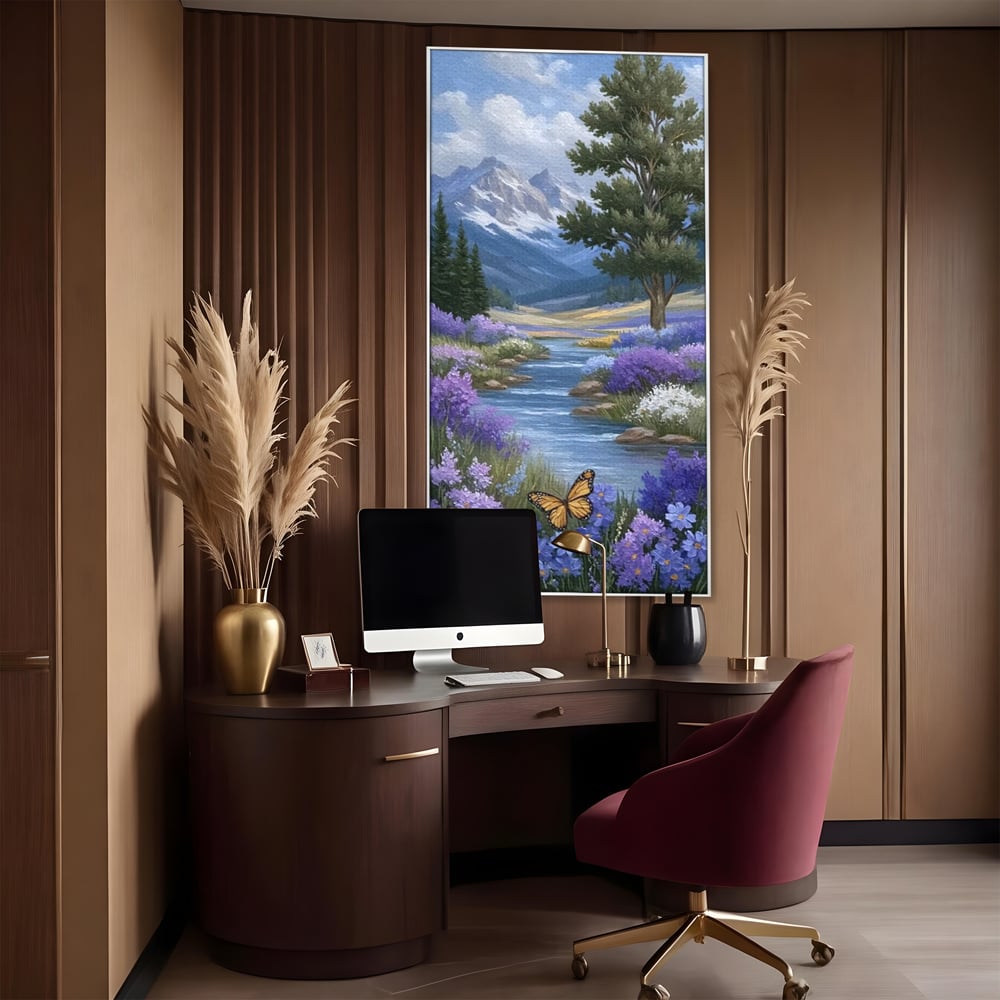 Tablou Canvas Premium, LuxCanva® M1156, Calatorie in Valea Mov, Munte, Peisaj, Flori, Vegetatie, Natura, Rau, Lavanda, Fluture, Copaci, Pastel, Primavara, Birou, Living, Camera Copil