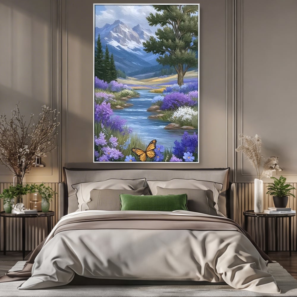 Tablou Canvas Premium, LuxCanva® M1156, Calatorie in Valea Mov, Munte, Peisaj, Flori, Vegetatie, Natura, Rau, Lavanda, Fluture, Copaci, Pastel, Primavara, Birou, Living, Camera Copil