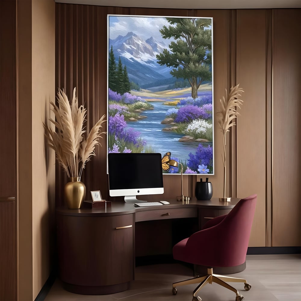 Tablou Canvas Premium, LuxCanva® M1156, Calatorie in Valea Mov, Munte, Peisaj, Flori, Vegetatie, Natura, Rau, Lavanda, Fluture, Copaci, Pastel, Primavara, Birou, Living, Camera Copil