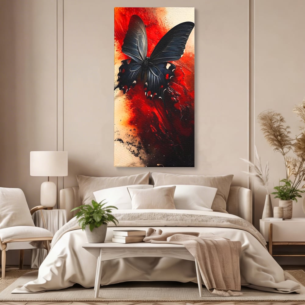 Tablou Canvas Premium, LuxCanva® M1158, Flacara Neagra, Rosu, Negru, Intens, Gotic, Antracit, Foc, Fluture, Aripi, Pictura, Abstract, Modern, Mistic, Birou, Living, Camera Copil