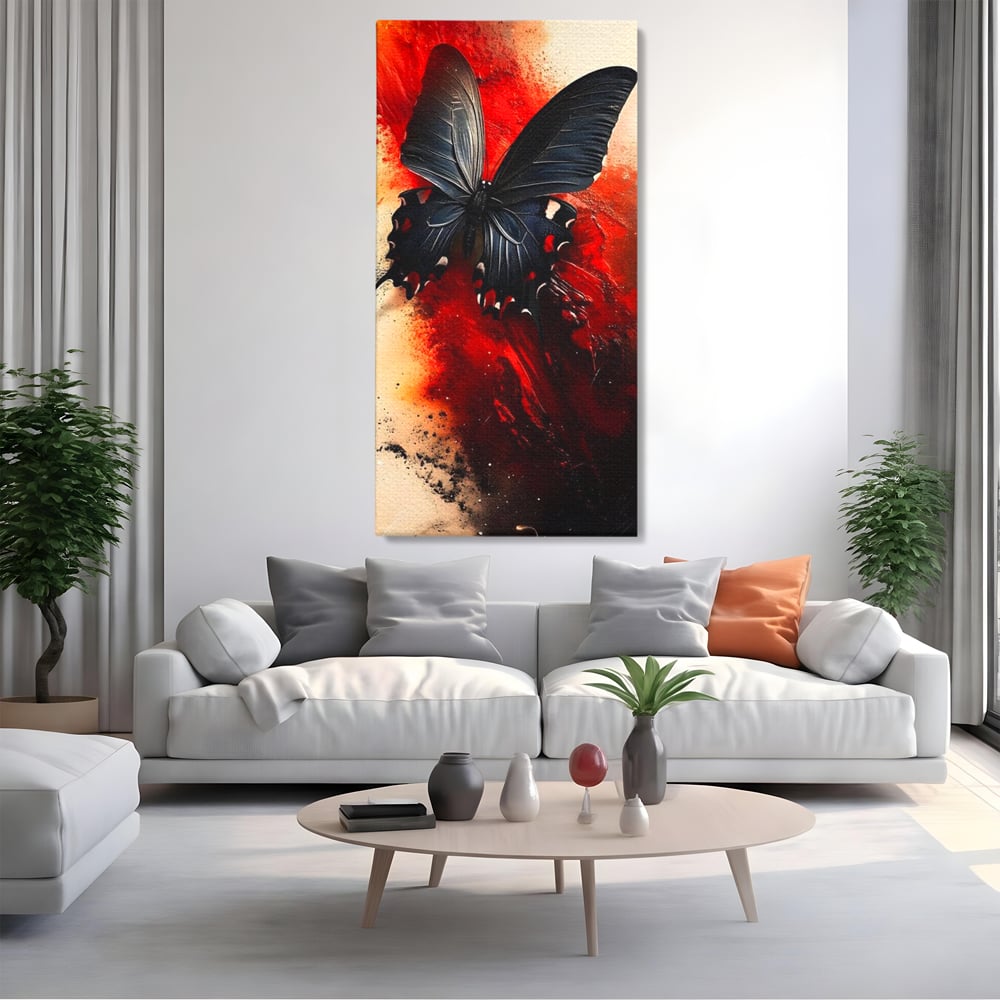 Tablou Canvas Premium, LuxCanva® M1158, Flacara Neagra, Rosu, Negru, Intens, Gotic, Antracit, Foc, Fluture, Aripi, Pictura, Abstract, Modern, Mistic, Birou, Living, Camera Copil