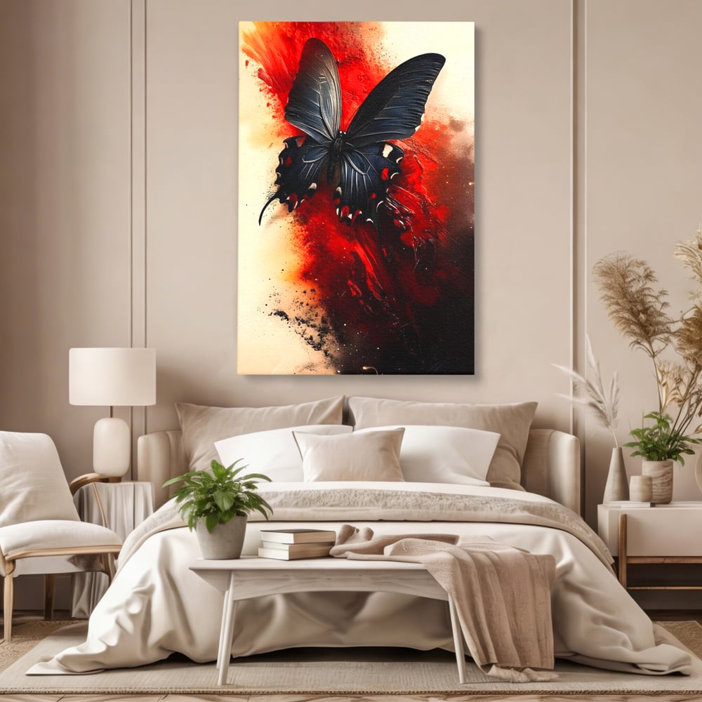 Tablou Canvas Premium, LuxCanva® M1158, Flacara Neagra, Rosu, Negru, Intens, Gotic, Antracit, Foc, Fluture, Aripi, Pictura, Abstract, Modern, Mistic, Birou, Living, Camera Copil