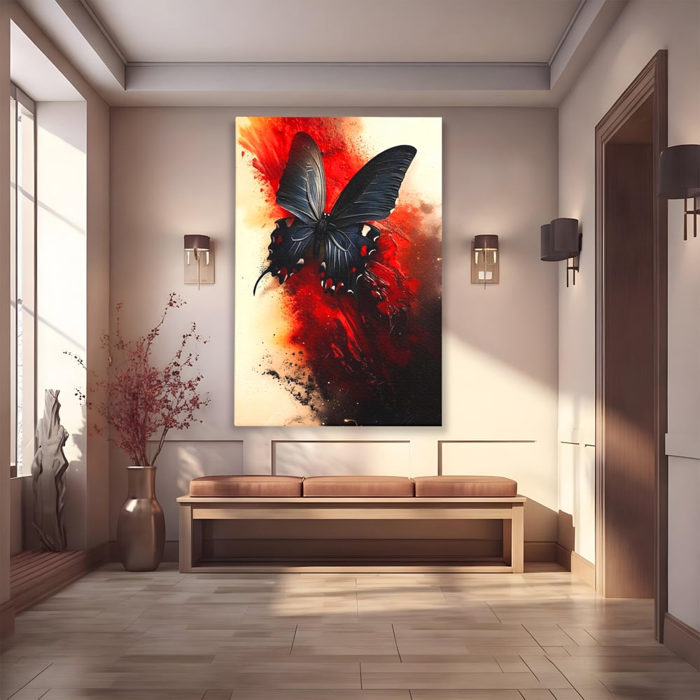 Tablou Canvas Premium, LuxCanva® M1158, Flacara Neagra, Rosu, Negru, Intens, Gotic, Antracit, Foc, Fluture, Aripi, Pictura, Abstract, Modern, Mistic, Birou, Living, Camera Copil