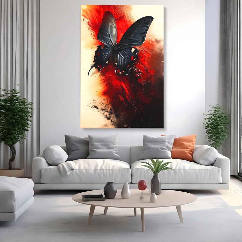 Tablou Canvas Premium, LuxCanva® M1158, Flacara Neagra, Rosu, Negru, Intens, Gotic, Antracit, Foc, Fluture, Aripi, Pictura, Abstract, Modern, Mistic, Birou, Living, Camera Copil