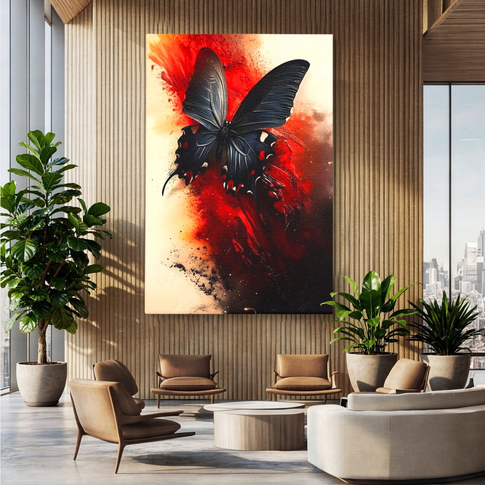 Tablou Canvas Premium, LuxCanva® M1158, Flacara Neagra, Rosu, Negru, Intens, Gotic, Antracit, Foc, Fluture, Aripi, Pictura, Abstract, Modern, Mistic, Birou, Living, Camera Copil