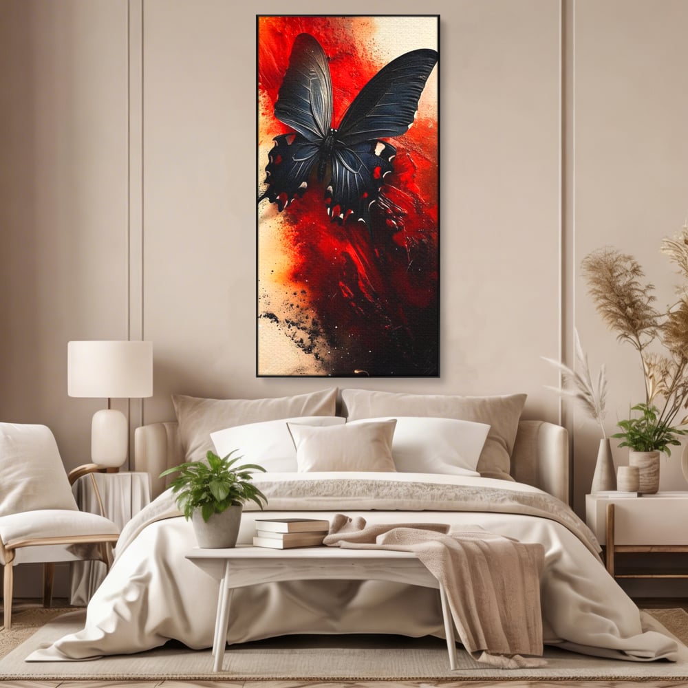Tablou Canvas Premium, LuxCanva® M1158, Flacara Neagra, Rosu, Negru, Intens, Gotic, Antracit, Foc, Fluture, Aripi, Pictura, Abstract, Modern, Mistic, Birou, Living, Camera Copil
