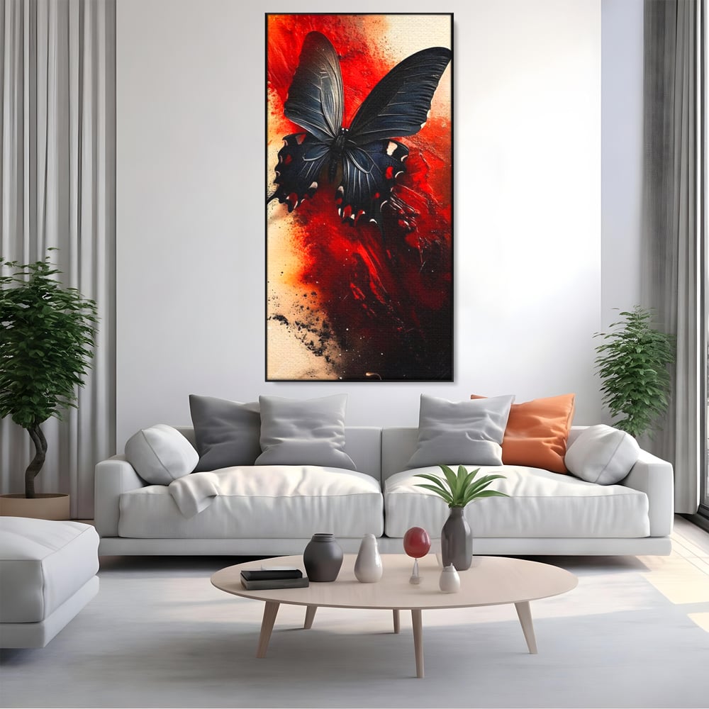 Tablou Canvas Premium, LuxCanva® M1158, Flacara Neagra, Rosu, Negru, Intens, Gotic, Antracit, Foc, Fluture, Aripi, Pictura, Abstract, Modern, Mistic, Birou, Living, Camera Copil