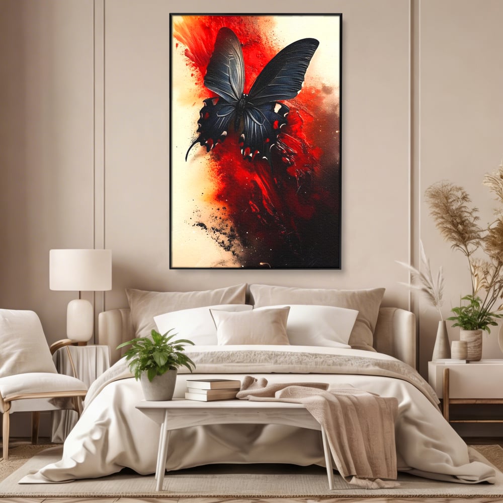 Tablou Canvas Premium, LuxCanva® M1158, Flacara Neagra, Rosu, Negru, Intens, Gotic, Antracit, Foc, Fluture, Aripi, Pictura, Abstract, Modern, Mistic, Birou, Living, Camera Copil