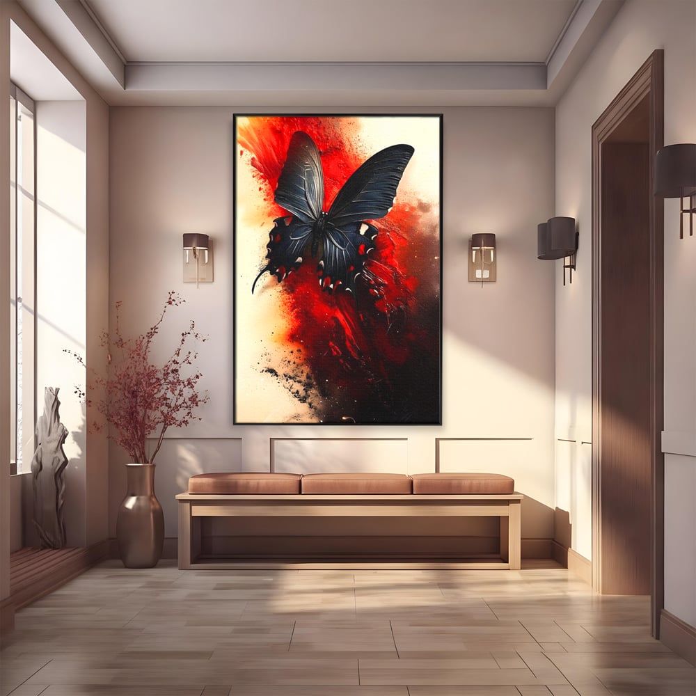 Tablou Canvas Premium, LuxCanva® M1158, Flacara Neagra, Rosu, Negru, Intens, Gotic, Antracit, Foc, Fluture, Aripi, Pictura, Abstract, Modern, Mistic, Birou, Living, Camera Copil