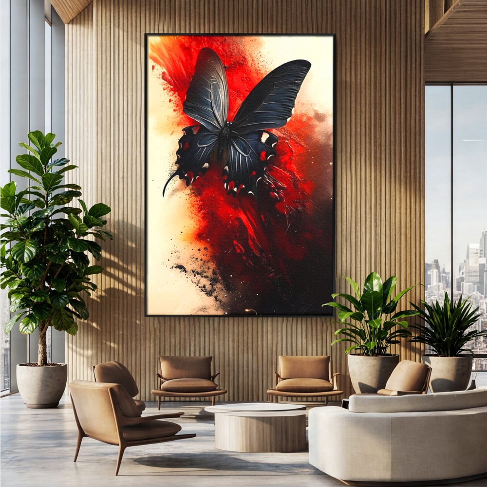 Tablou Canvas Premium, LuxCanva® M1158, Flacara Neagra, Rosu, Negru, Intens, Gotic, Antracit, Foc, Fluture, Aripi, Pictura, Abstract, Modern, Mistic, Birou, Living, Camera Copil