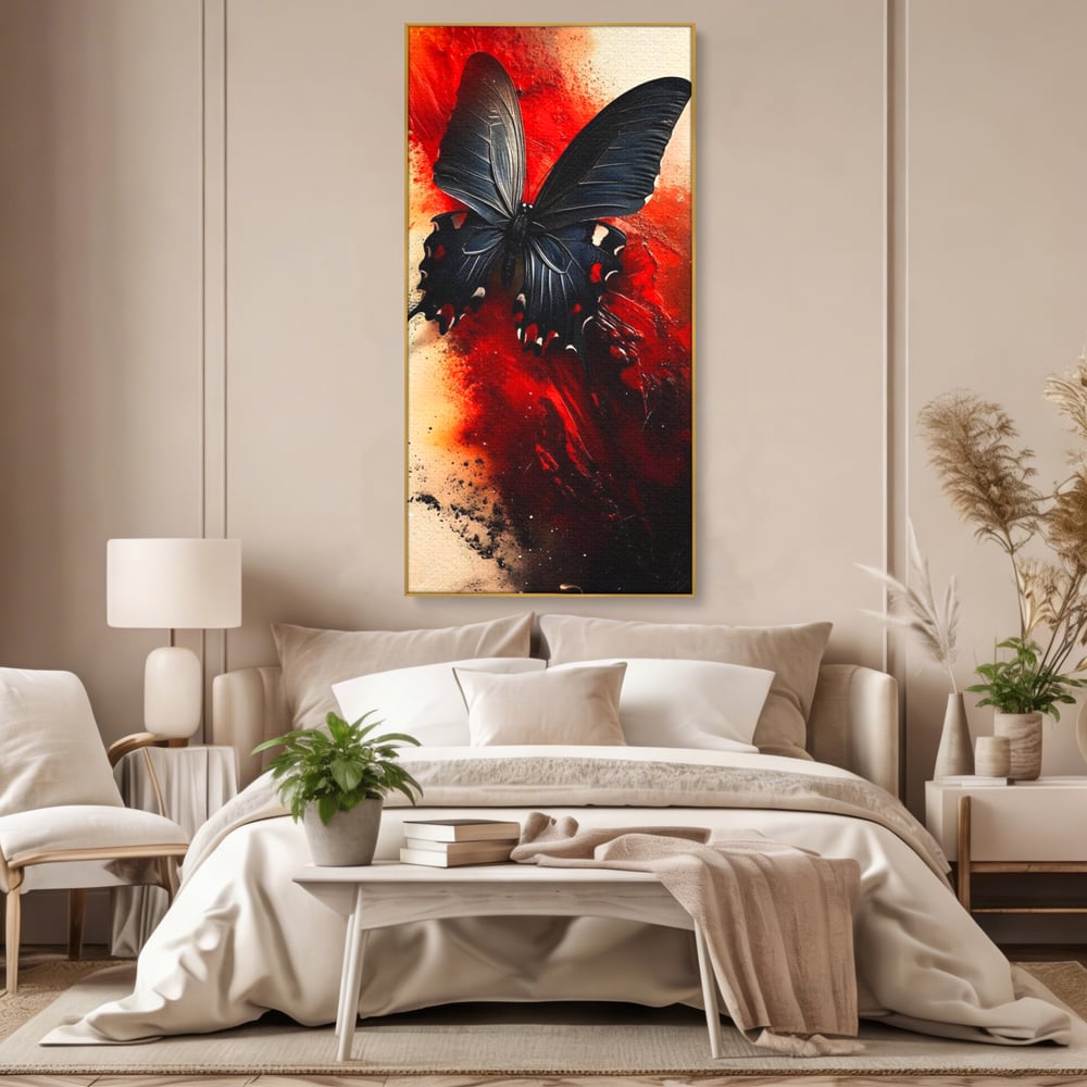 Tablou Canvas Premium, LuxCanva® M1158, Flacara Neagra, Rosu, Negru, Intens, Gotic, Antracit, Foc, Fluture, Aripi, Pictura, Abstract, Modern, Mistic, Birou, Living, Camera Copil