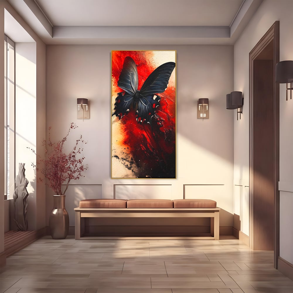 Tablou Canvas Premium, LuxCanva® M1158, Flacara Neagra, Rosu, Negru, Intens, Gotic, Antracit, Foc, Fluture, Aripi, Pictura, Abstract, Modern, Mistic, Birou, Living, Camera Copil