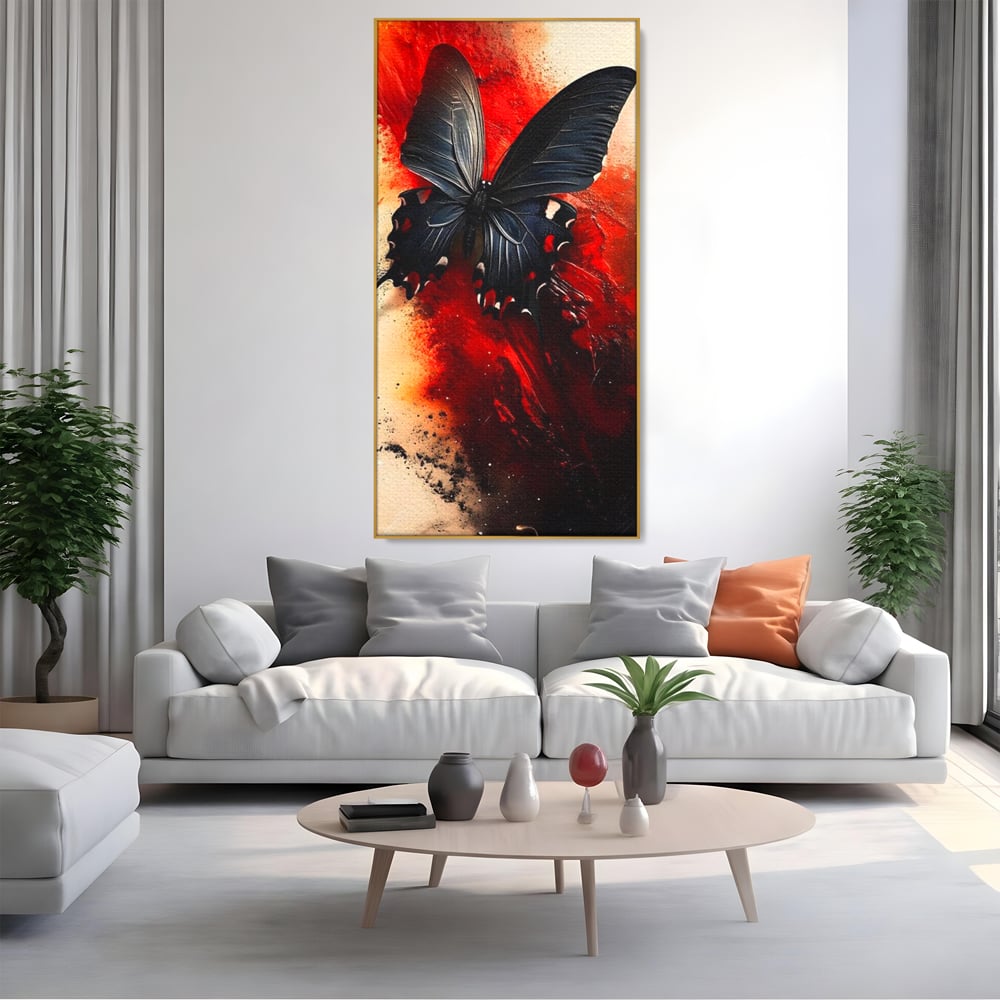 Tablou Canvas Premium, LuxCanva® M1158, Flacara Neagra, Rosu, Negru, Intens, Gotic, Antracit, Foc, Fluture, Aripi, Pictura, Abstract, Modern, Mistic, Birou, Living, Camera Copil