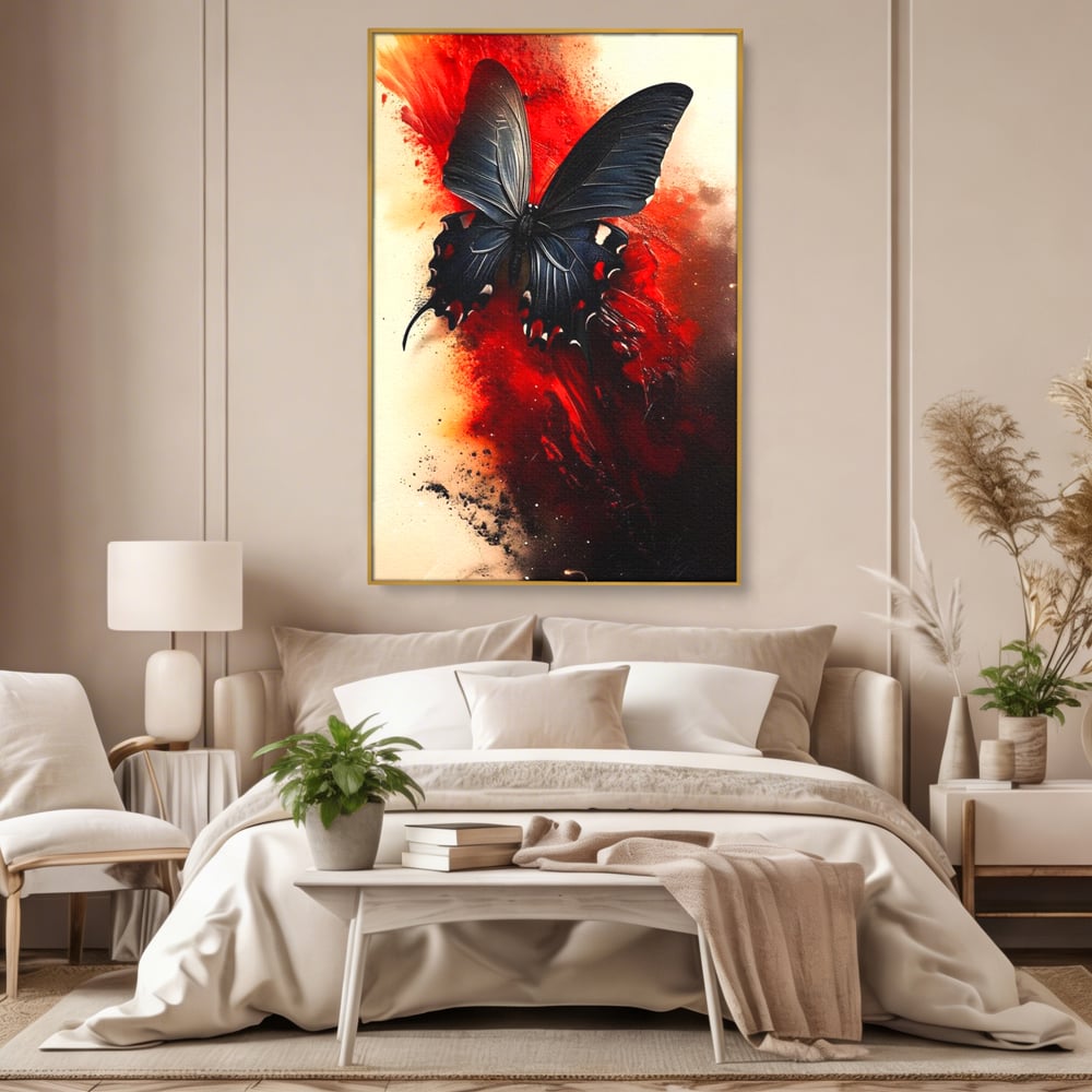 Tablou Canvas Premium, LuxCanva® M1158, Flacara Neagra, Rosu, Negru, Intens, Gotic, Antracit, Foc, Fluture, Aripi, Pictura, Abstract, Modern, Mistic, Birou, Living, Camera Copil