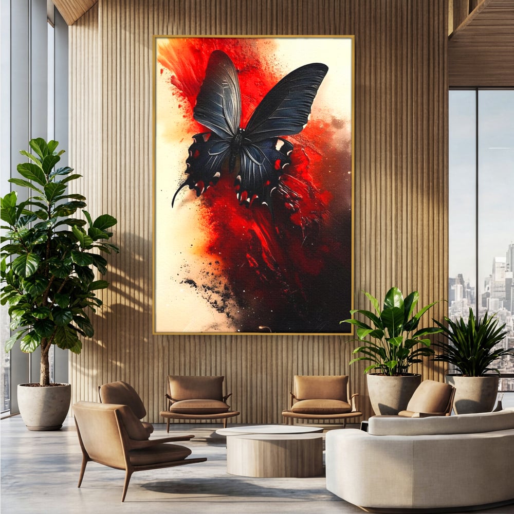 Tablou Canvas Premium, LuxCanva® M1158, Flacara Neagra, Rosu, Negru, Intens, Gotic, Antracit, Foc, Fluture, Aripi, Pictura, Abstract, Modern, Mistic, Birou, Living, Camera Copil