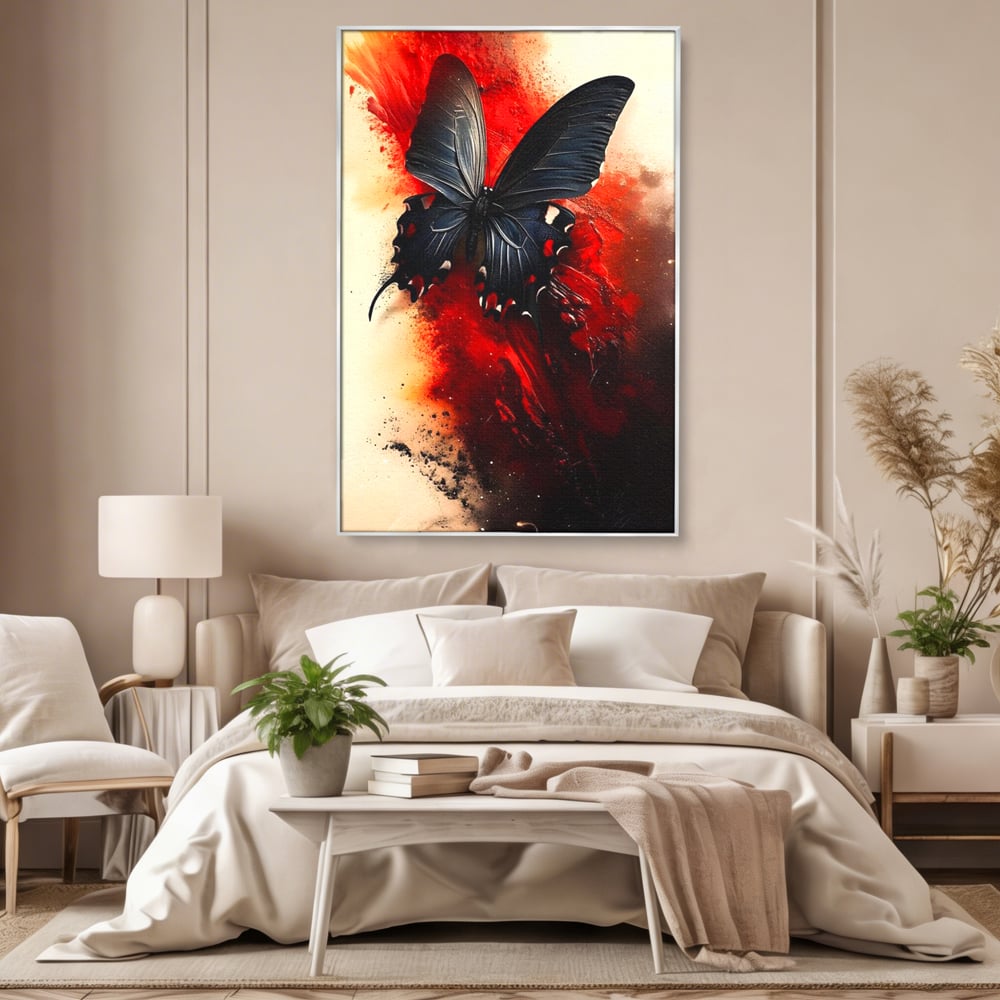 Tablou Canvas Premium, LuxCanva® M1158, Flacara Neagra, Rosu, Negru, Intens, Gotic, Antracit, Foc, Fluture, Aripi, Pictura, Abstract, Modern, Mistic, Birou, Living, Camera Copil
