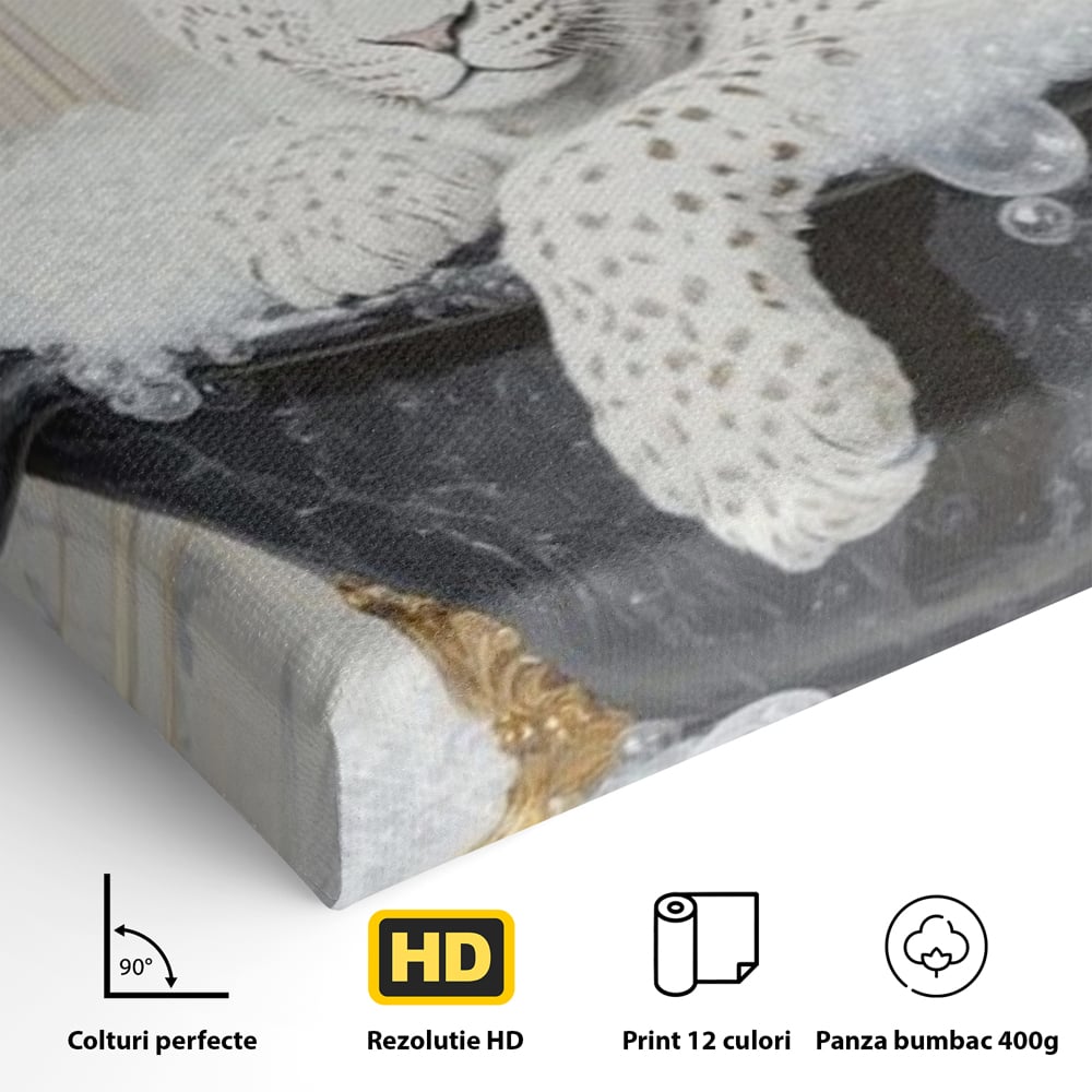Tablou Canvas Premium, LuxCanva® M1159, Baia Regelui Alb, Portret, Leopard, Felina, Animale, Cada, Baie, Spuma, Marmura, Lux, Eleganta, Wild, Vintage, Birou, Living, Camera Copil