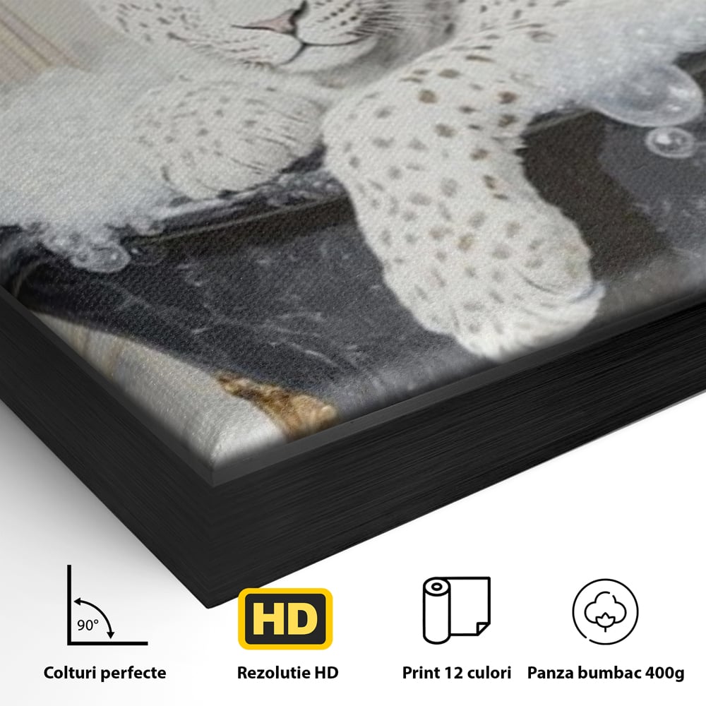 Tablou Canvas Premium, LuxCanva® M1159, Baia Regelui Alb, Portret, Leopard, Felina, Animale, Cada, Baie, Spuma, Marmura, Lux, Eleganta, Wild, Vintage, Birou, Living, Camera Copil