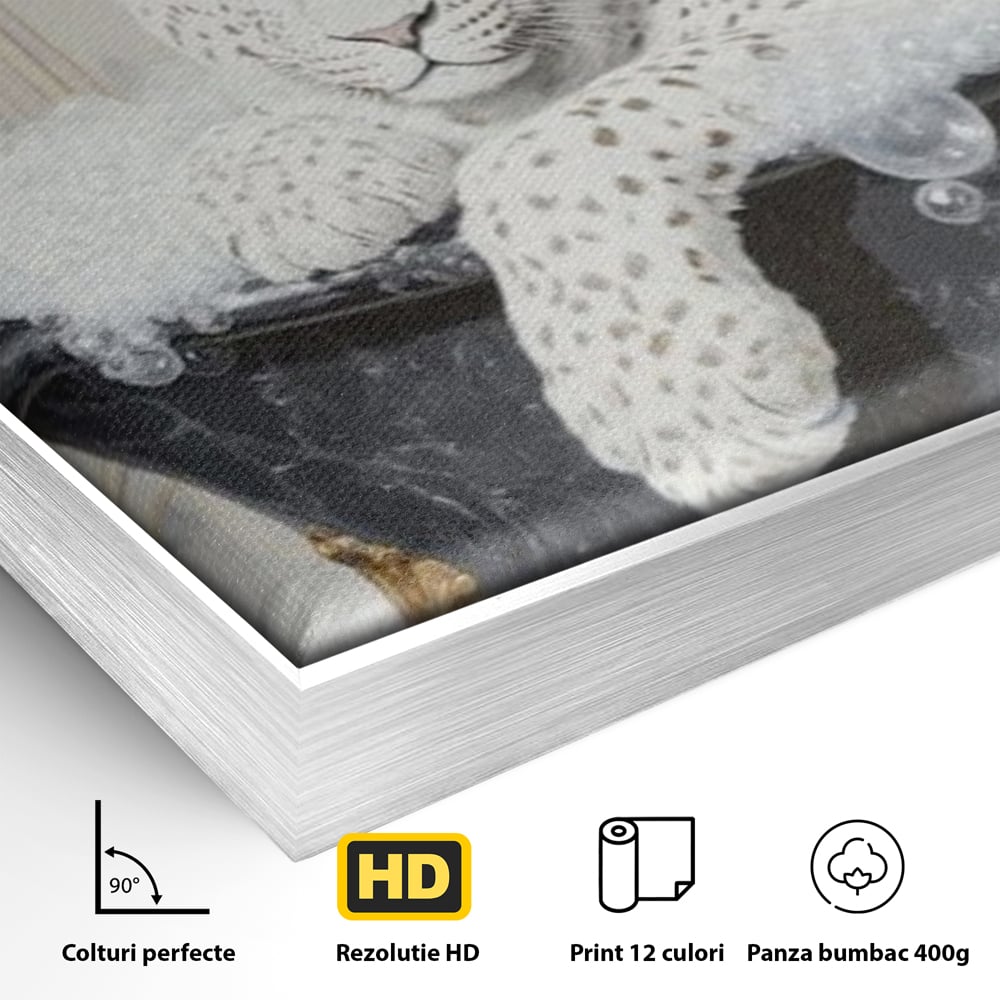 Tablou Canvas Premium, LuxCanva® M1159, Baia Regelui Alb, Portret, Leopard, Felina, Animale, Cada, Baie, Spuma, Marmura, Lux, Eleganta, Wild, Vintage, Birou, Living, Camera Copil