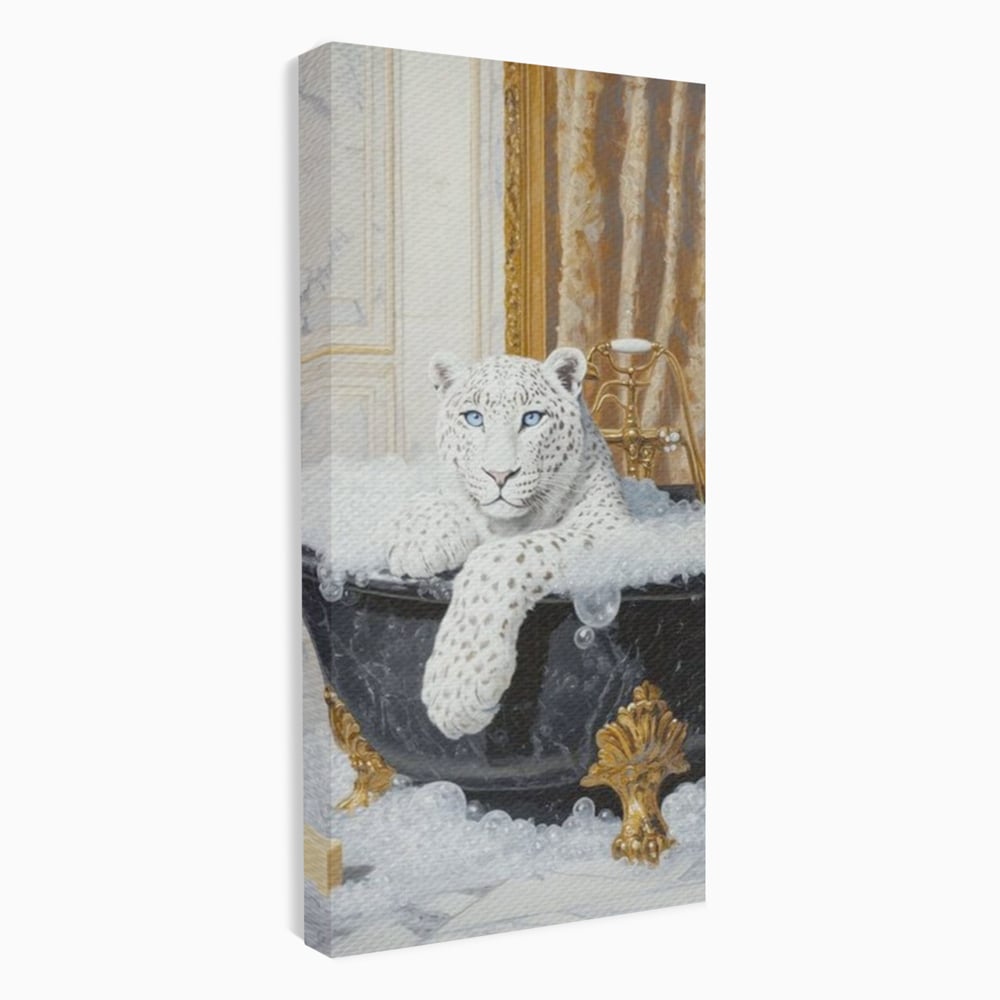 Tablou Canvas Premium, LuxCanva® M1159, Baia Regelui Alb, Portret, Leopard, Felina, Animale, Cada, Baie, Spuma, Marmura, Lux, Eleganta, Wild, Vintage, Birou, Living, Camera Copil