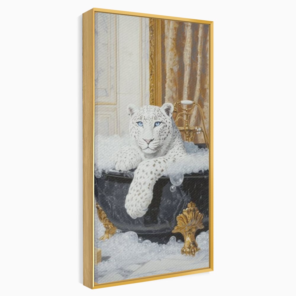 Tablou Canvas Premium, LuxCanva® M1159, Baia Regelui Alb, Portret, Leopard, Felina, Animale, Cada, Baie, Spuma, Marmura, Lux, Eleganta, Wild, Vintage, Birou, Living, Camera Copil