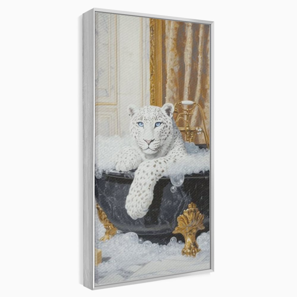 Tablou Canvas Premium, LuxCanva® M1159, Baia Regelui Alb, Portret, Leopard, Felina, Animale, Cada, Baie, Spuma, Marmura, Lux, Eleganta, Wild, Vintage, Birou, Living, Camera Copil