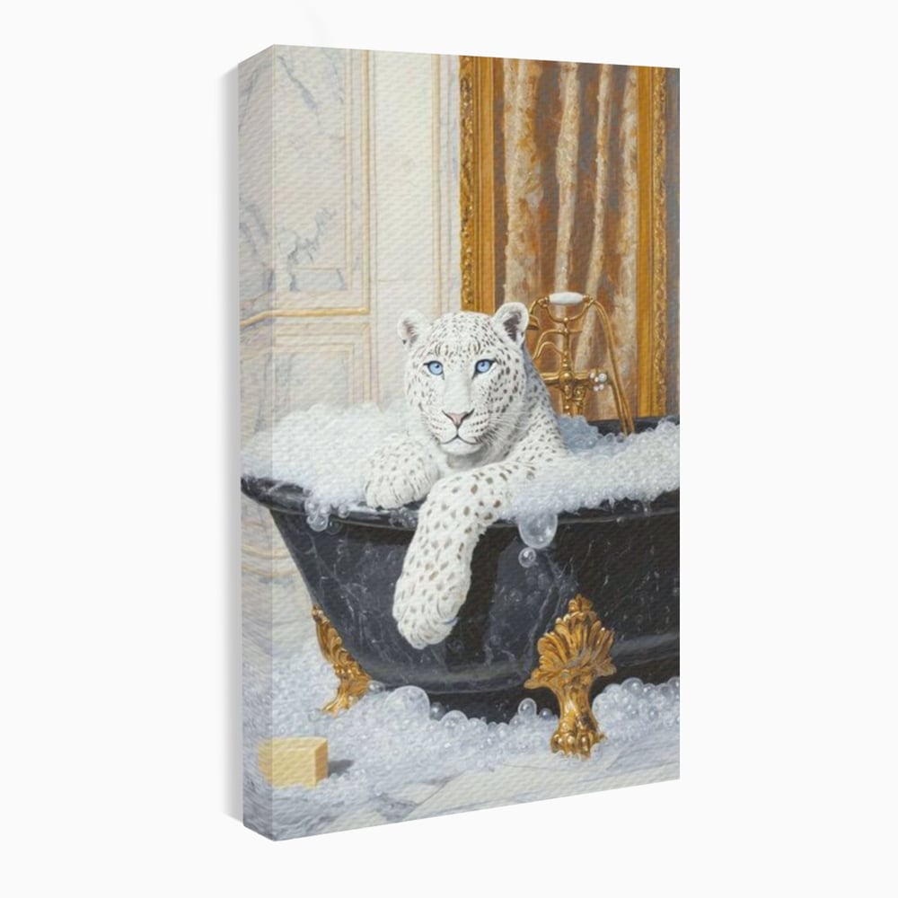 Tablou Canvas Premium, LuxCanva® M1159, Baia Regelui Alb, Portret, Leopard, Felina, Animale, Cada, Baie, Spuma, Marmura, Lux, Eleganta, Wild, Vintage, Birou, Living, Camera Copil