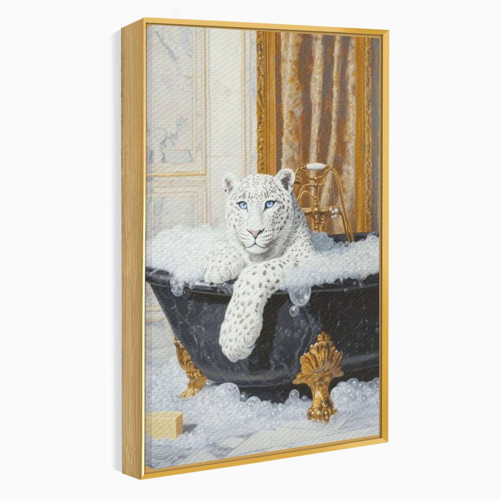 Tablou Canvas Premium, LuxCanva® M1159, Baia Regelui Alb, Portret, Leopard, Felina, Animale, Cada, Baie, Spuma, Marmura, Lux, Eleganta, Wild, Vintage, Birou, Living, Camera Copil