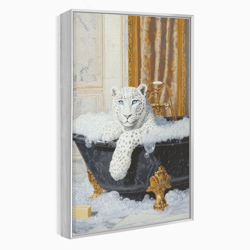 Tablou Canvas Premium, LuxCanva® M1159, Baia Regelui Alb, Portret, Leopard, Felina, Animale, Cada, Baie, Spuma, Marmura, Lux, Eleganta, Wild, Vintage, Birou, Living, Camera Copil
