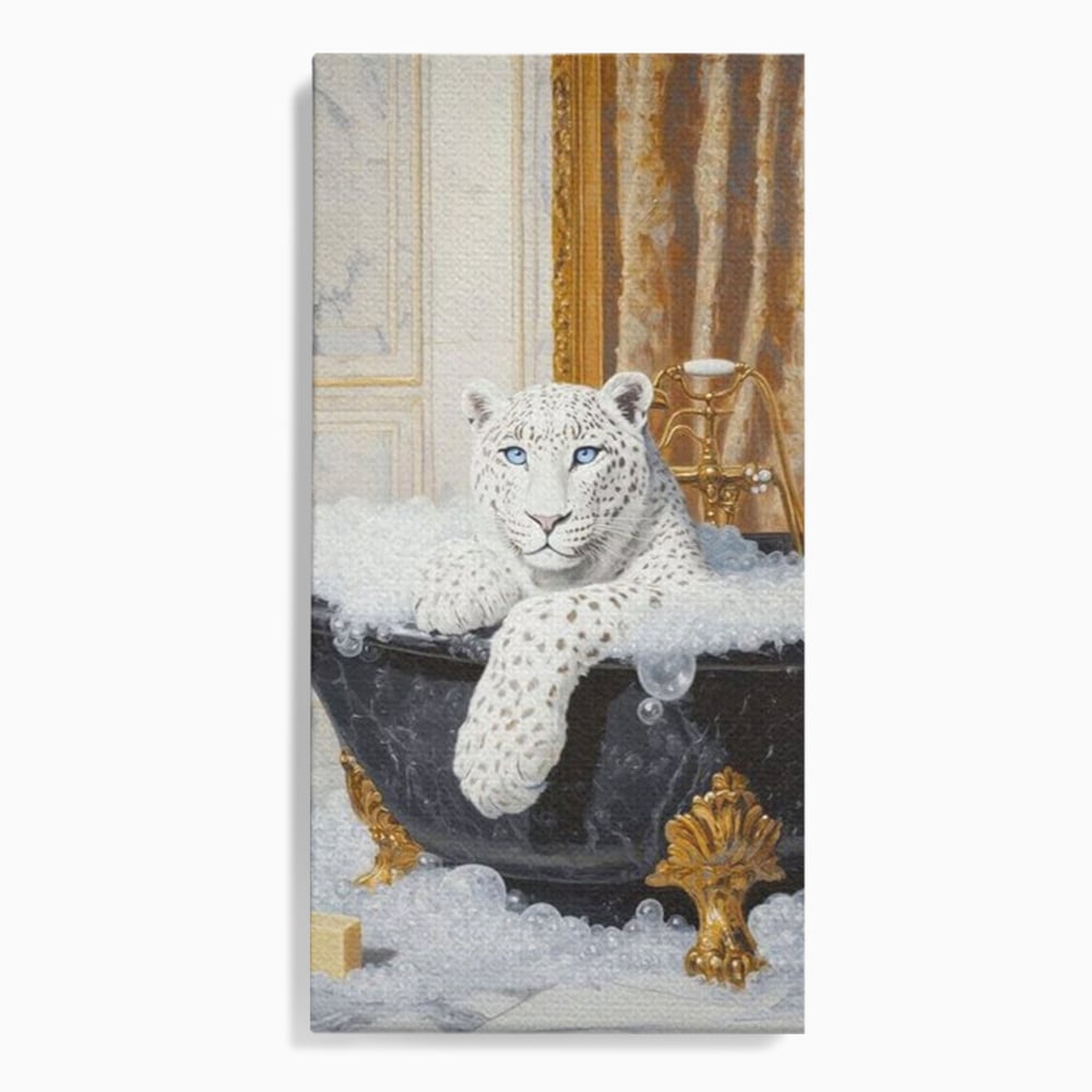 Tablou Canvas Premium, LuxCanva® M1159, Baia Regelui Alb, Portret, Leopard, Felina, Animale, Cada, Baie, Spuma, Marmura, Lux, Eleganta, Wild, Vintage, Birou, Living, Camera Copil