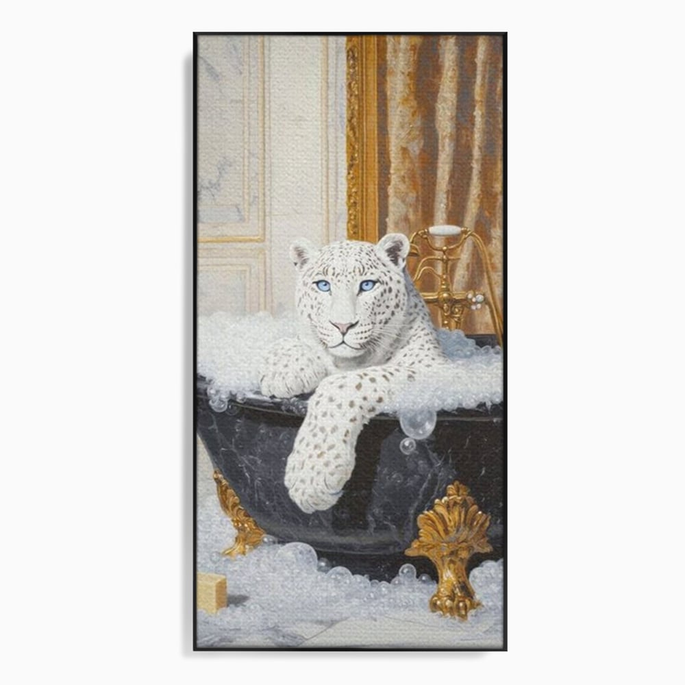 Tablou Canvas Premium, LuxCanva® M1159, Baia Regelui Alb, Portret, Leopard, Felina, Animale, Cada, Baie, Spuma, Marmura, Lux, Eleganta, Wild, Vintage, Birou, Living, Camera Copil