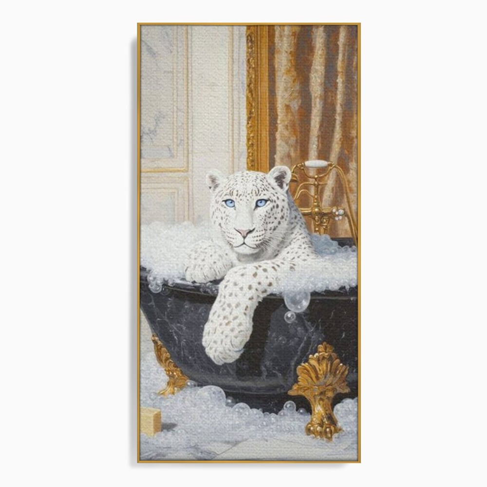 Tablou Canvas Premium, LuxCanva® M1159, Baia Regelui Alb, Portret, Leopard, Felina, Animale, Cada, Baie, Spuma, Marmura, Lux, Eleganta, Wild, Vintage, Birou, Living, Camera Copil
