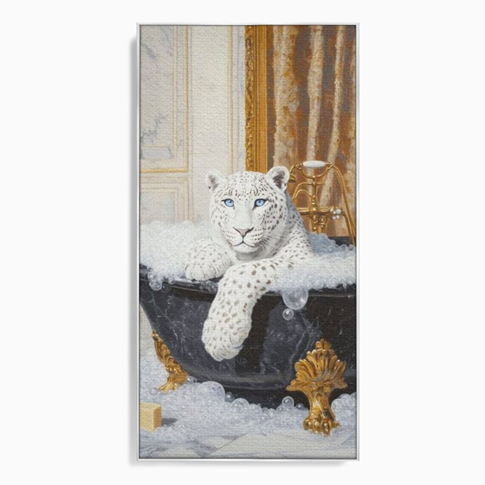 Tablou Canvas Premium, LuxCanva® M1159, Baia Regelui Alb, Portret, Leopard, Felina, Animale, Cada, Baie, Spuma, Marmura, Lux, Eleganta, Wild, Vintage, Birou, Living, Camera Copil