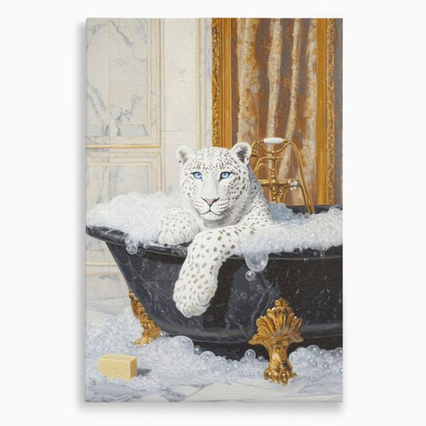 Tablou Canvas Premium, LuxCanva® M1159, Baia Regelui Alb, Portret, Leopard, Felina, Animale, Cada, Baie, Spuma, Marmura, Lux, Eleganta, Wild, Vintage, Birou, Living, Camera Copil