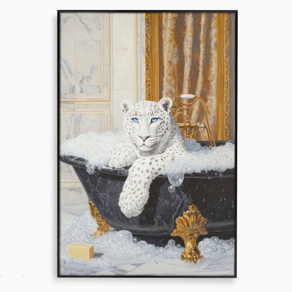 Tablou Canvas Premium, LuxCanva® M1159, Baia Regelui Alb, Portret, Leopard, Felina, Animale, Cada, Baie, Spuma, Marmura, Lux, Eleganta, Wild, Vintage, Birou, Living, Camera Copil