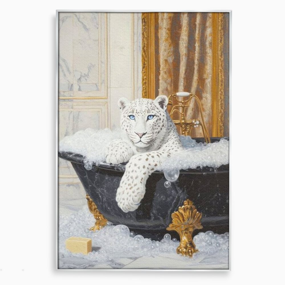 Tablou Canvas Premium, LuxCanva® M1159, Baia Regelui Alb, Portret, Leopard, Felina, Animale, Cada, Baie, Spuma, Marmura, Lux, Eleganta, Wild, Vintage, Birou, Living, Camera Copil