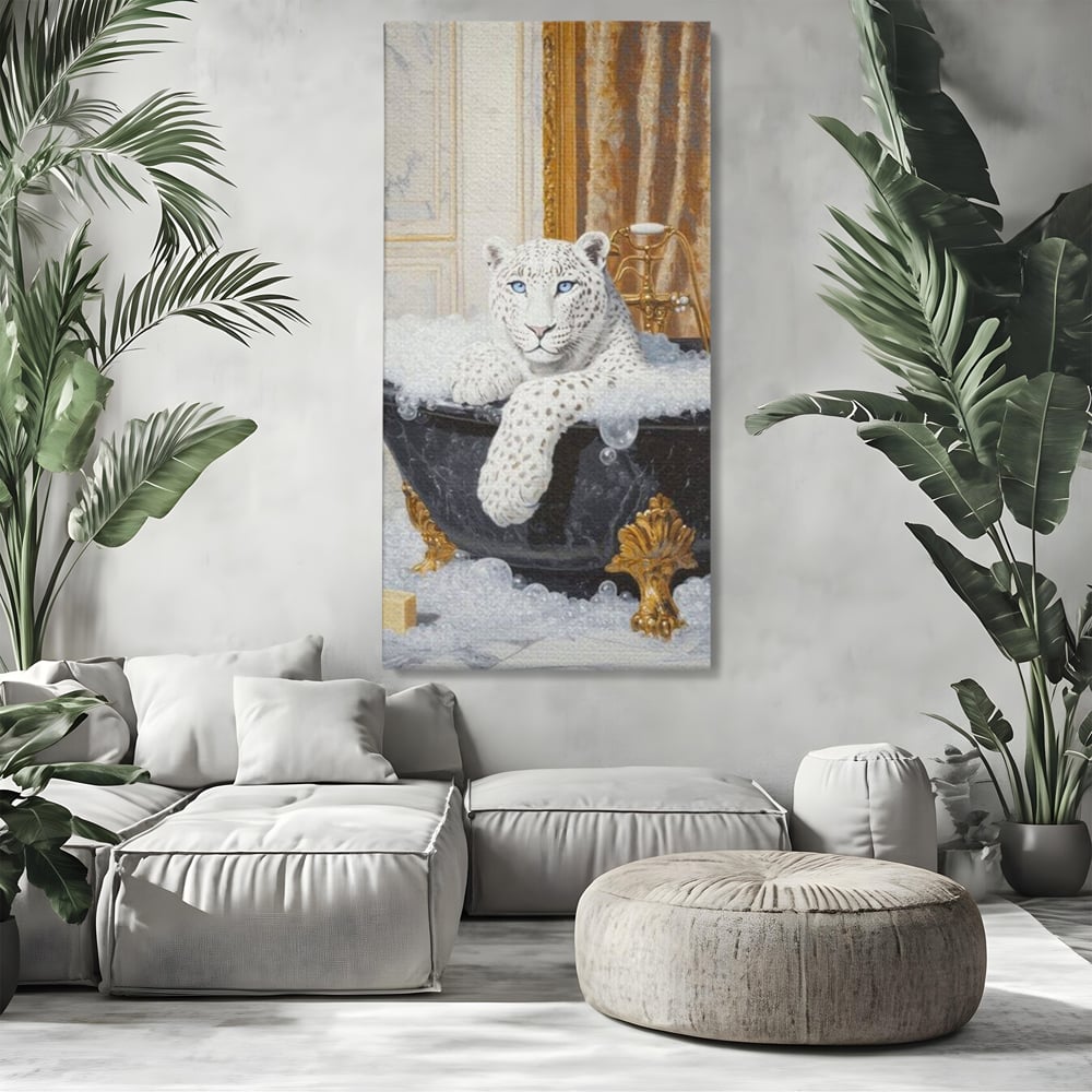 Tablou Canvas Premium, LuxCanva® M1159, Baia Regelui Alb, Portret, Leopard, Felina, Animale, Cada, Baie, Spuma, Marmura, Lux, Eleganta, Wild, Vintage, Birou, Living, Camera Copil