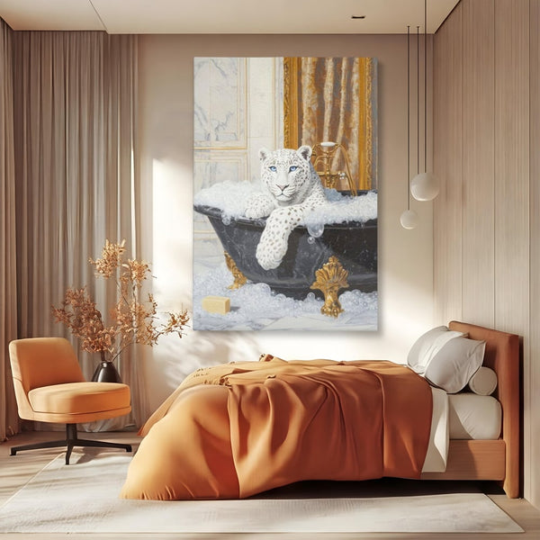 Tablou Canvas Premium, LuxCanva® M1159, Baia Regelui Alb, Portret, Leopard, Felina, Animale, Cada, Baie, Spuma, Marmura, Lux, Eleganta, Wild, Vintage, Birou, Living, Camera Copil