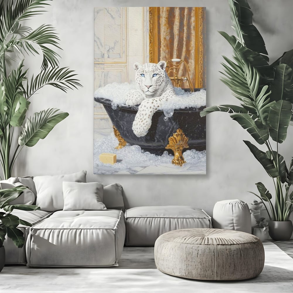 Tablou Canvas Premium, LuxCanva® M1159, Baia Regelui Alb, Portret, Leopard, Felina, Animale, Cada, Baie, Spuma, Marmura, Lux, Eleganta, Wild, Vintage, Birou, Living, Camera Copil