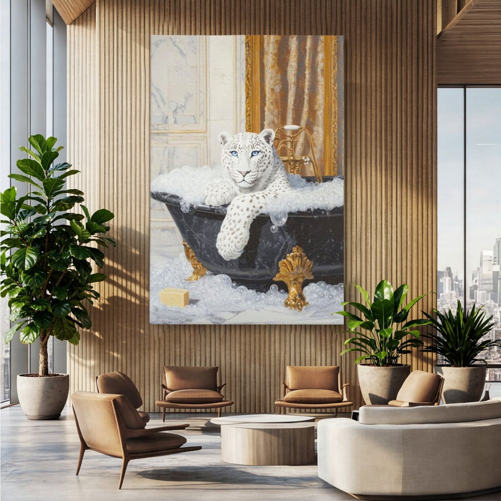 Tablou Canvas Premium, LuxCanva® M1159, Baia Regelui Alb, Portret, Leopard, Felina, Animale, Cada, Baie, Spuma, Marmura, Lux, Eleganta, Wild, Vintage, Birou, Living, Camera Copil