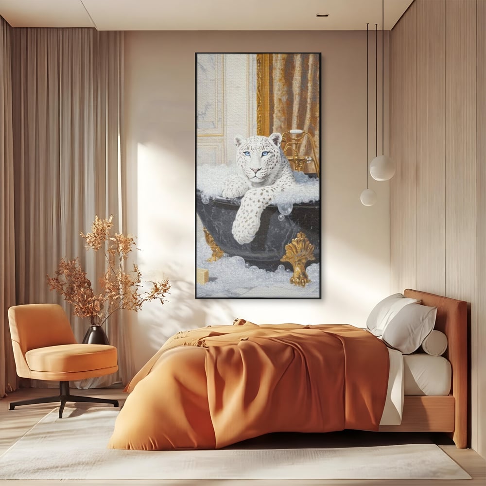 Tablou Canvas Premium, LuxCanva® M1159, Baia Regelui Alb, Portret, Leopard, Felina, Animale, Cada, Baie, Spuma, Marmura, Lux, Eleganta, Wild, Vintage, Birou, Living, Camera Copil