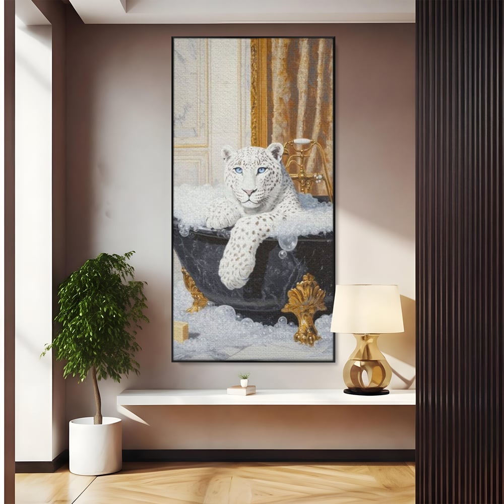 Tablou Canvas Premium, LuxCanva® M1159, Baia Regelui Alb, Portret, Leopard, Felina, Animale, Cada, Baie, Spuma, Marmura, Lux, Eleganta, Wild, Vintage, Birou, Living, Camera Copil